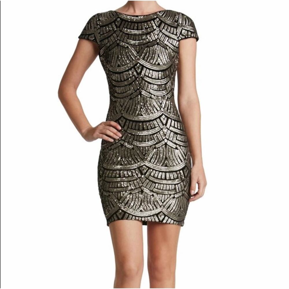 Dress the Population Black and Gold Sequin Mini Dress